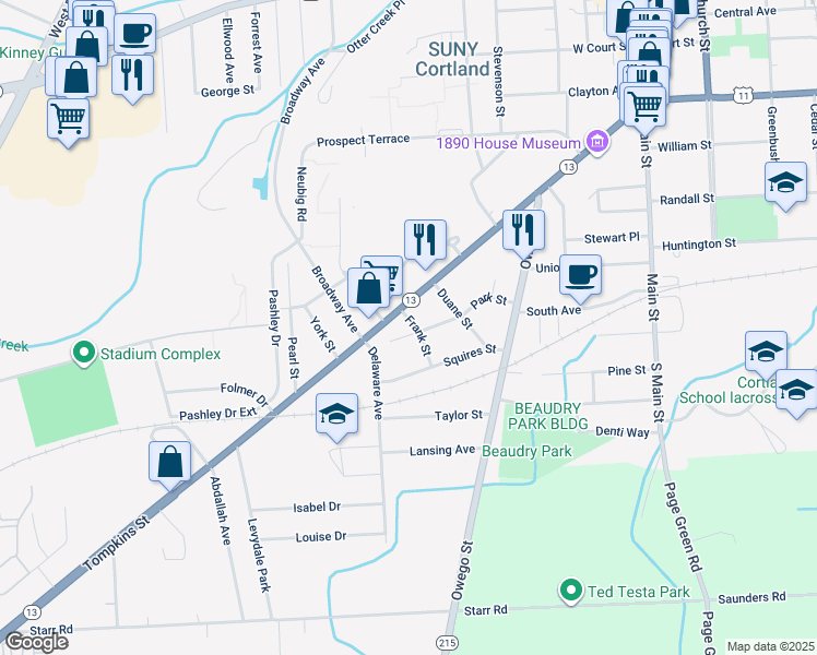 map of restaurants, bars, coffee shops, grocery stores, and more near 8 Frank Street in Cortland