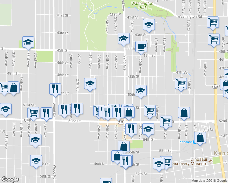 map of restaurants, bars, coffee shops, grocery stores, and more near 4916 23rd Avenue in Kenosha