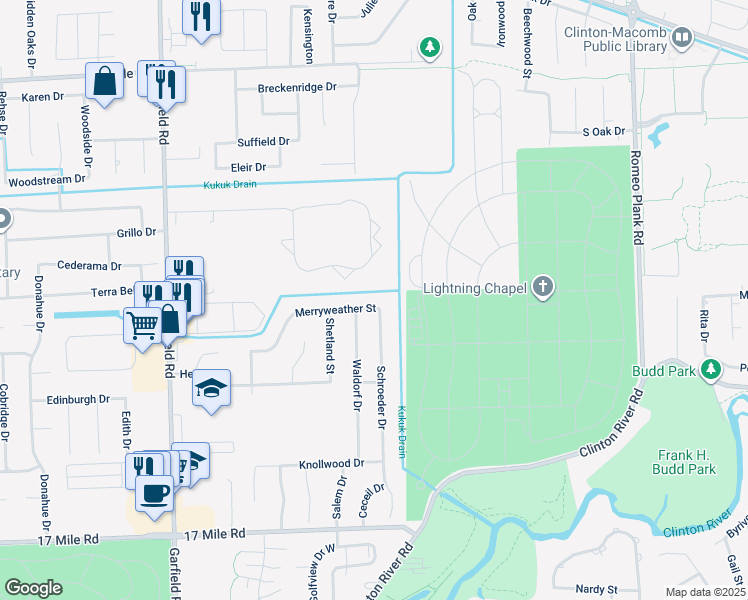 map of restaurants, bars, coffee shops, grocery stores, and more near 17545 Merryweather Street in Clinton Township
