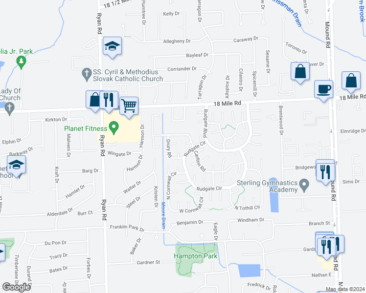 map of restaurants, bars, coffee shops, grocery stores, and more near 4542 Henry Court in Sterling Heights