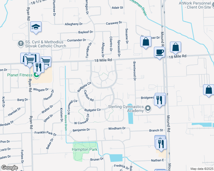 map of restaurants, bars, coffee shops, grocery stores, and more near 4942 Rudgate Boulevard in Sterling Heights