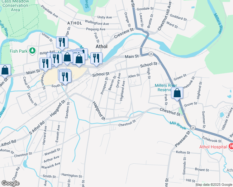 map of restaurants, bars, coffee shops, grocery stores, and more near 173 Drury Avenue in Athol