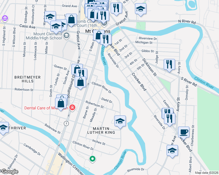 map of restaurants, bars, coffee shops, grocery stores, and more near 175 Clinton River Drive in Mount Clemens