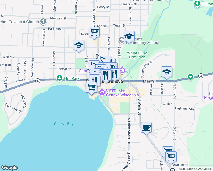 map of restaurants, bars, coffee shops, grocery stores, and more near 148 Center Street in Lake Geneva