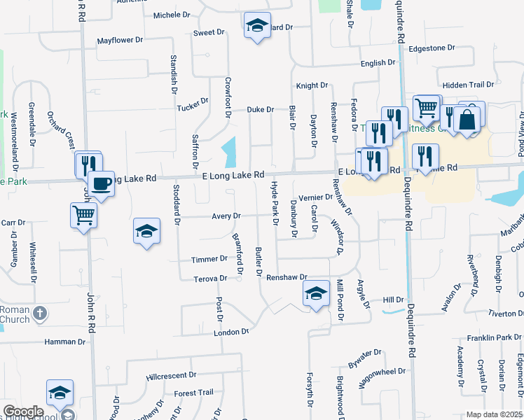 map of restaurants, bars, coffee shops, grocery stores, and more near 4914 Butler Drive in Troy