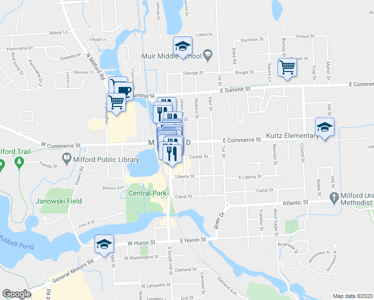 map of restaurants, bars, coffee shops, grocery stores, and more near 414 Union Street in Milford Charter Township