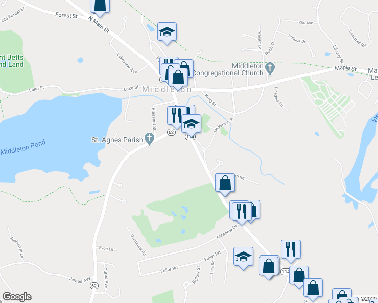 map of restaurants, bars, coffee shops, grocery stores, and more near 63 South Main Street in Middleton