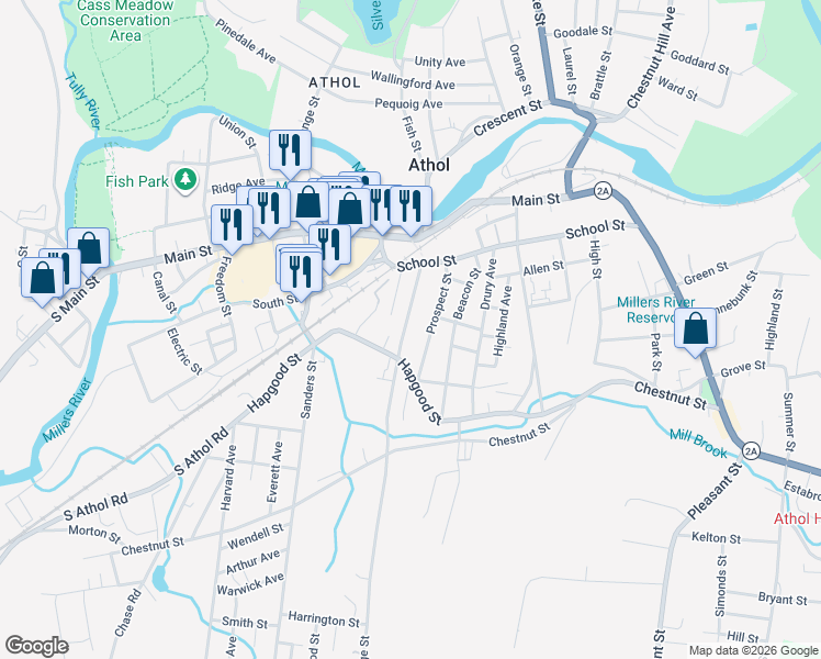 map of restaurants, bars, coffee shops, grocery stores, and more near 187 Cottage Street in Athol