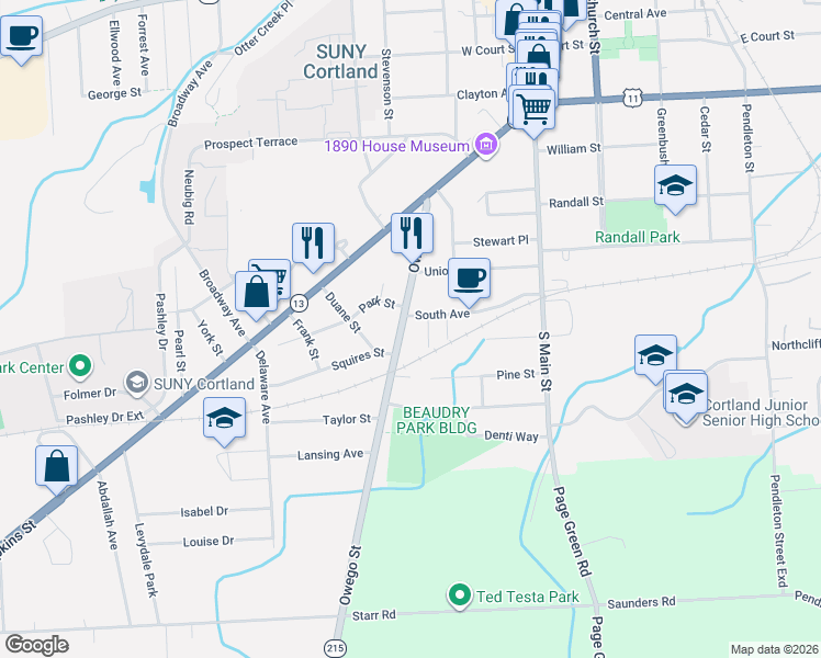 map of restaurants, bars, coffee shops, grocery stores, and more near 61 Owego Street in Cortland