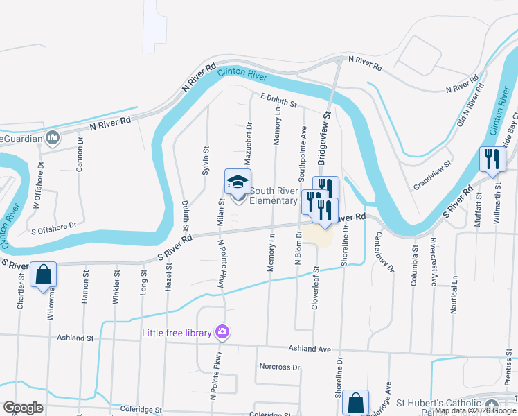 map of restaurants, bars, coffee shops, grocery stores, and more near 39659 Memory Lane in Harrison Township