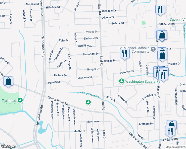 map of restaurants, bars, coffee shops, grocery stores, and more near 14297 Lacavera Dr in Sterling Heights