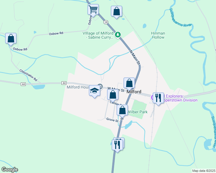 map of restaurants, bars, coffee shops, grocery stores, and more near 59 West Main Street in Milford