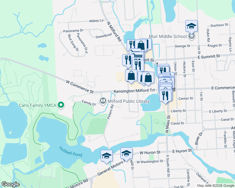 map of restaurants, bars, coffee shops, grocery stores, and more near 434 Peters Road in Milford Charter Township