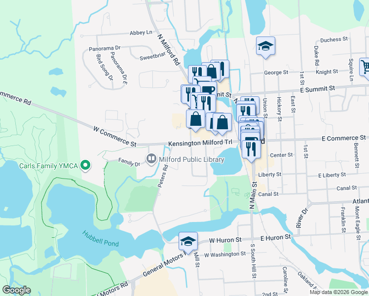 map of restaurants, bars, coffee shops, grocery stores, and more near 434 Peters Road in Milford Charter Township