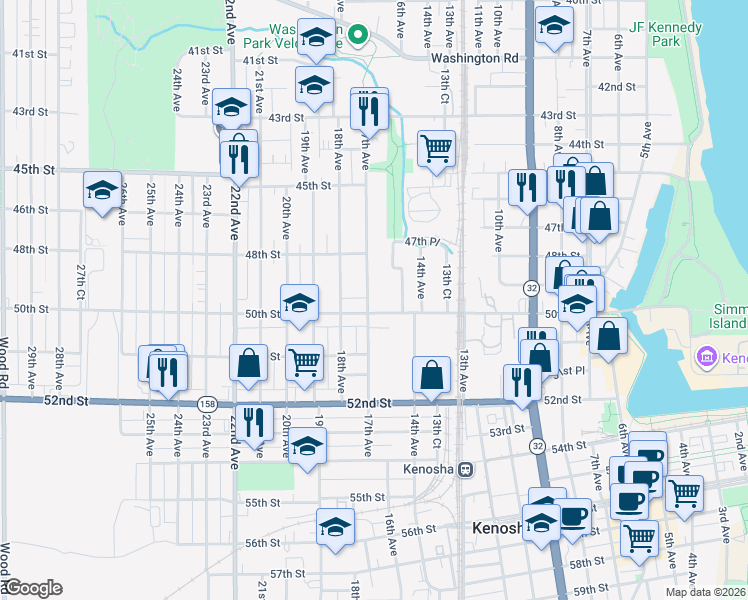 map of restaurants, bars, coffee shops, grocery stores, and more near 1624 50th Street in Kenosha