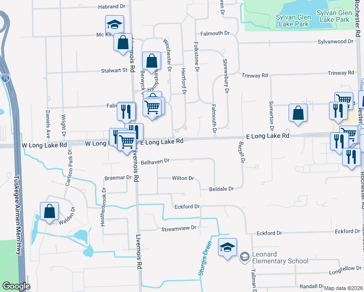 map of restaurants, bars, coffee shops, grocery stores, and more near 194 E Long Lake Rd in Troy