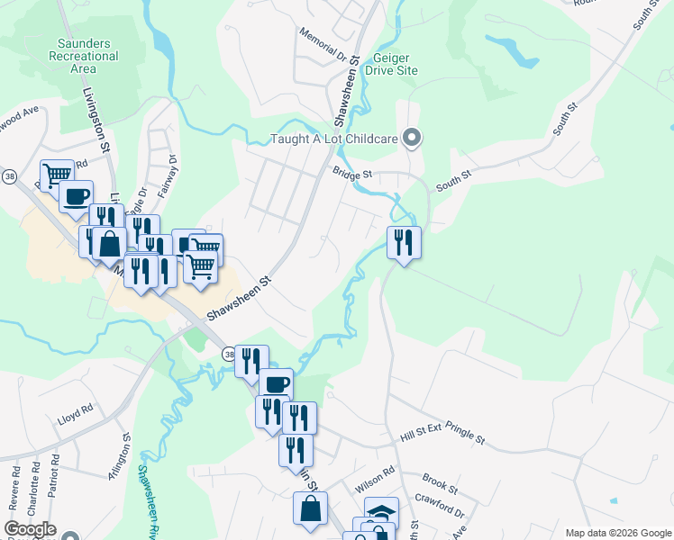 map of restaurants, bars, coffee shops, grocery stores, and more near 60 Dufresne Drive in Tewksbury