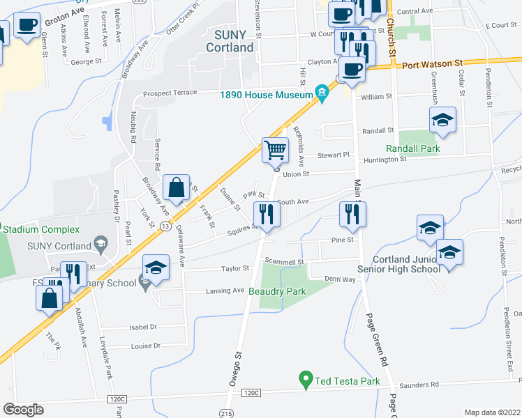 map of restaurants, bars, coffee shops, grocery stores, and more near 56 Owego Street in Cortland