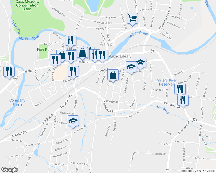 map of restaurants, bars, coffee shops, grocery stores, and more near 299 Prospect Street in Athol