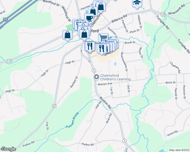 map of restaurants, bars, coffee shops, grocery stores, and more near 65 Boston Road in Chelmsford