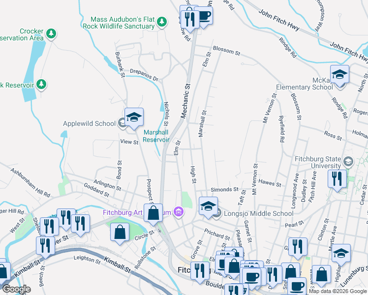 map of restaurants, bars, coffee shops, grocery stores, and more near 3 Johnson Street in Fitchburg