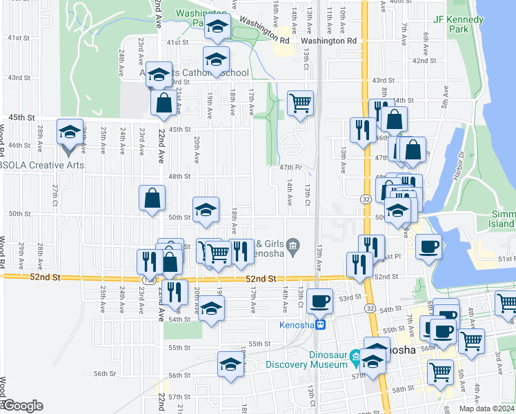 map of restaurants, bars, coffee shops, grocery stores, and more near 1624 50th Street in Kenosha