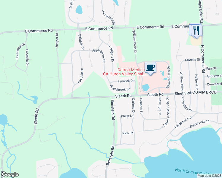 map of restaurants, bars, coffee shops, grocery stores, and more near 1823 Applebrook Drive in Commerce Charter Township