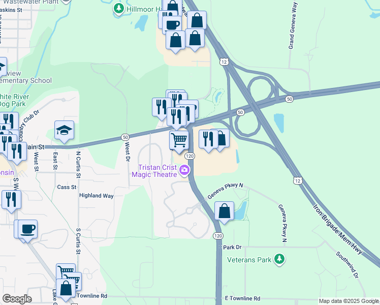 map of restaurants, bars, coffee shops, grocery stores, and more near 232 Edwards Boulevard in Lake Geneva