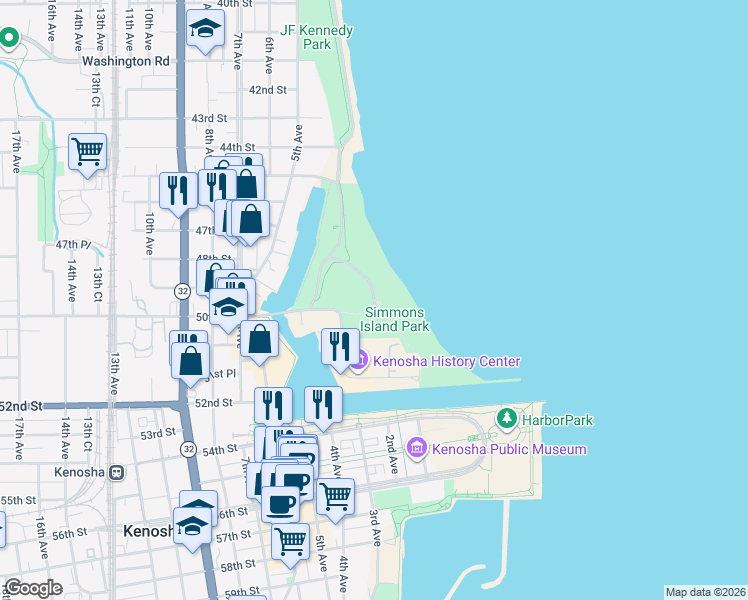 map of restaurants, bars, coffee shops, grocery stores, and more near Simmons Island Road in Kenosha