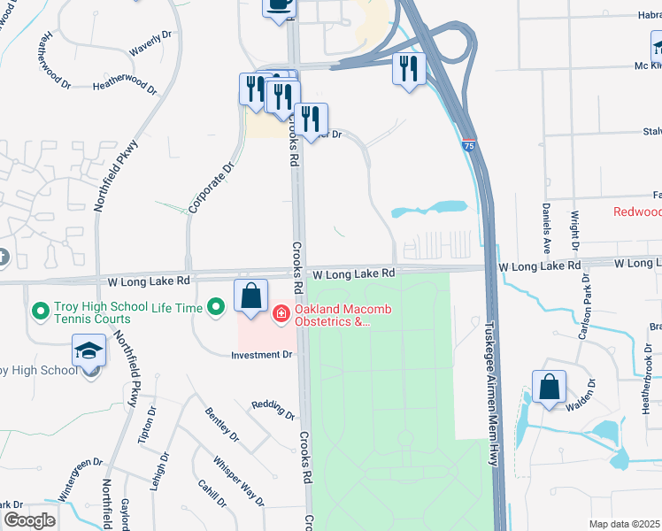 map of restaurants, bars, coffee shops, grocery stores, and more near 840 West Long Lake Road in Troy