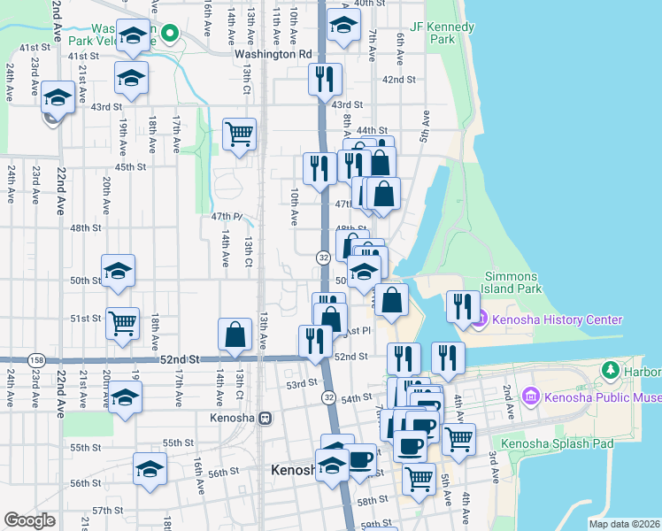 map of restaurants, bars, coffee shops, grocery stores, and more near 812 50th Street in Kenosha