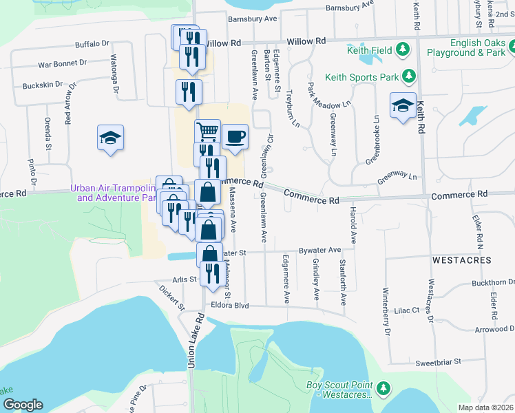 map of restaurants, bars, coffee shops, grocery stores, and more near 3115 Greenlawn Avenue in Commerce Charter Township