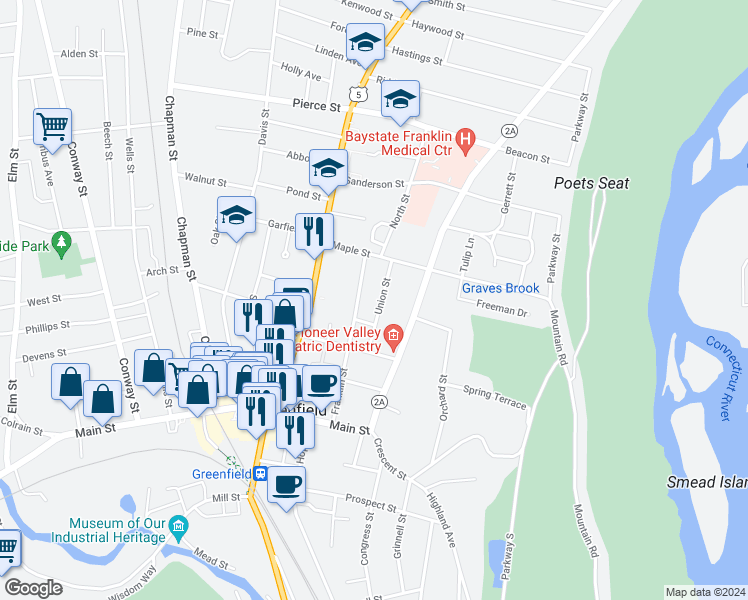 map of restaurants, bars, coffee shops, grocery stores, and more near 23 Union Street in Greenfield