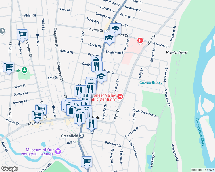 map of restaurants, bars, coffee shops, grocery stores, and more near 100 Franklin Street in Greenfield