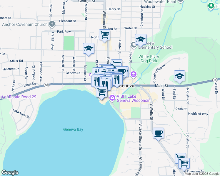 map of restaurants, bars, coffee shops, grocery stores, and more near 772 Main Street in Genoa City