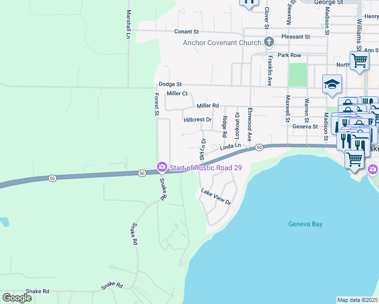 map of restaurants, bars, coffee shops, grocery stores, and more near 1723 West Main Street in Lake Geneva