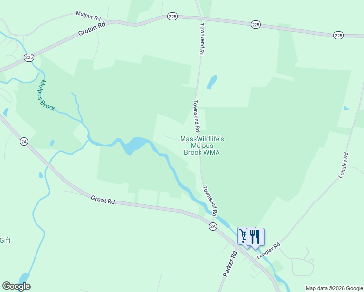 map of restaurants, bars, coffee shops, grocery stores, and more near 20 Townsend Road in Shirley
