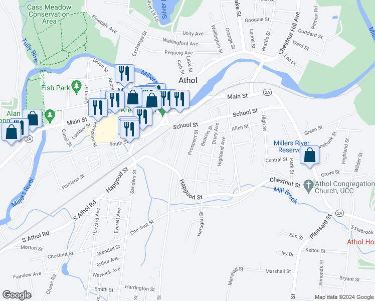 map of restaurants, bars, coffee shops, grocery stores, and more near 150 Prospect Street in Athol