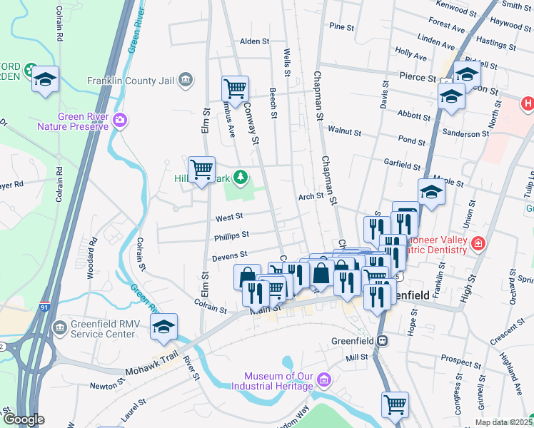 map of restaurants, bars, coffee shops, grocery stores, and more near 108 Conway Street in Greenfield