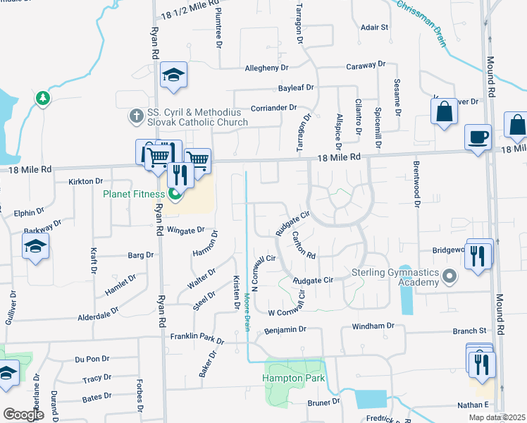 map of restaurants, bars, coffee shops, grocery stores, and more near 4542 Henry Court in Sterling Heights