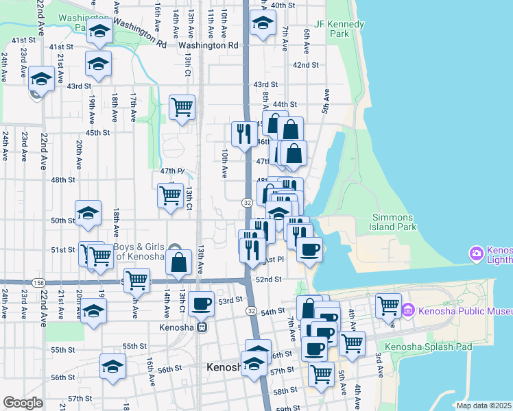 map of restaurants, bars, coffee shops, grocery stores, and more near 812 50th Street in Kenosha