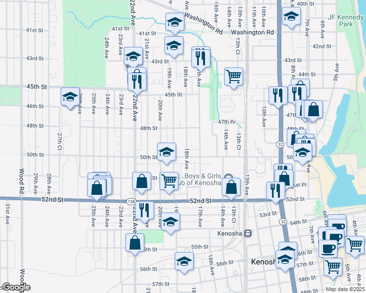map of restaurants, bars, coffee shops, grocery stores, and more near 1724 50th Street in Kenosha