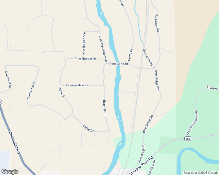 map of restaurants, bars, coffee shops, grocery stores, and more near 40497 Braymill Drive in Chiloquin