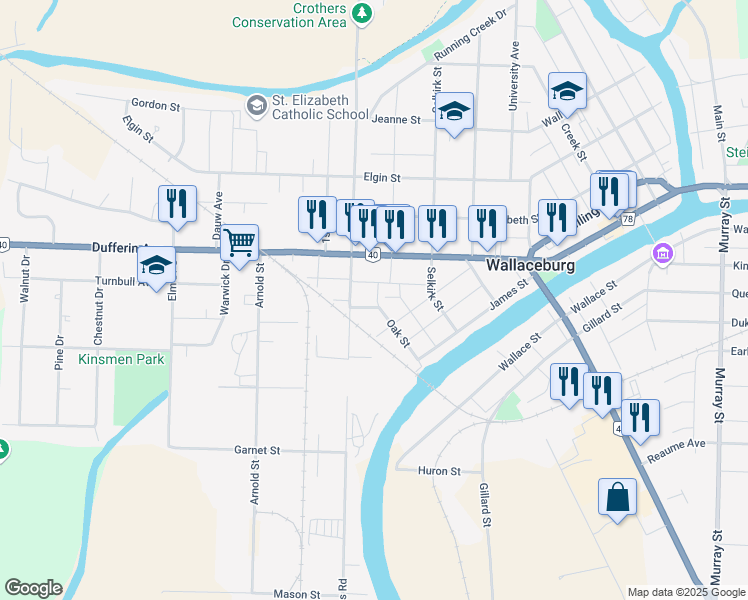 map of restaurants, bars, coffee shops, grocery stores, and more near 18 Oak Street in Chatham-Kent