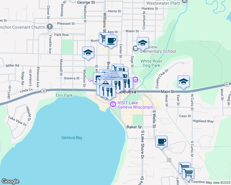 map of restaurants, bars, coffee shops, grocery stores, and more near in Lake Geneva