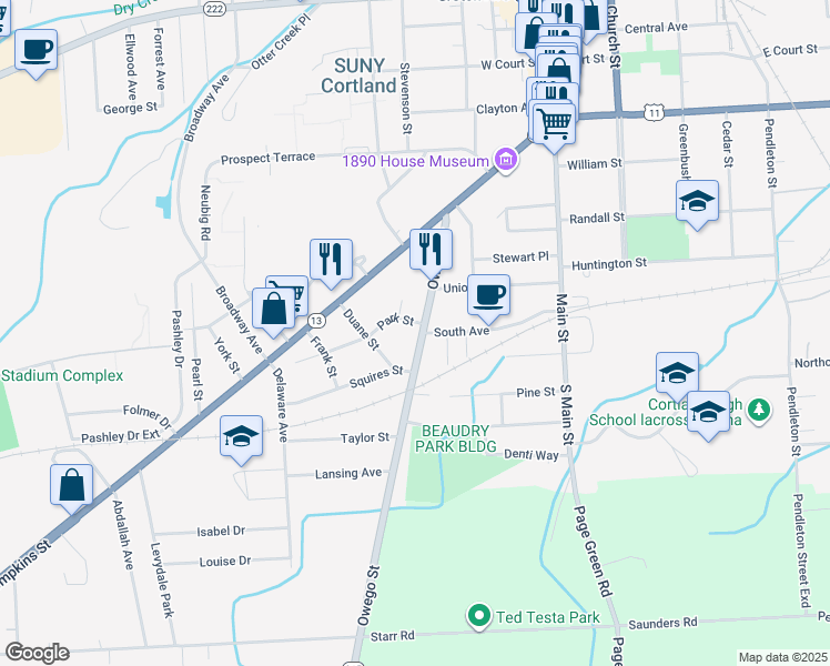 map of restaurants, bars, coffee shops, grocery stores, and more near 61 Owego Street in Cortland