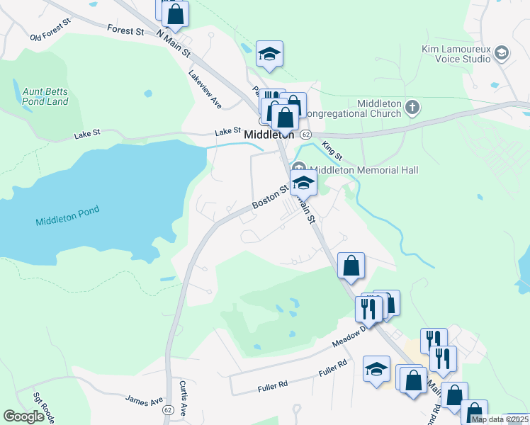 map of restaurants, bars, coffee shops, grocery stores, and more near 18 Boston Street in Middleton