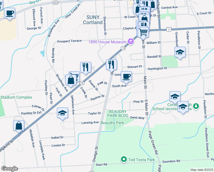 map of restaurants, bars, coffee shops, grocery stores, and more near 61 Owego Street in Cortland