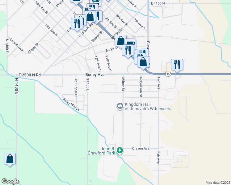 map of restaurants, bars, coffee shops, grocery stores, and more near 900 Milner Street in Buhl