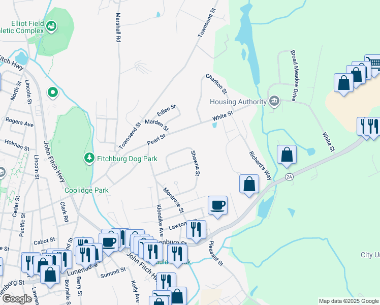 map of restaurants, bars, coffee shops, grocery stores, and more near 67 Pierce Farm Road in Fitchburg